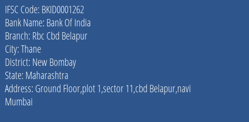 Bank Of India Rbc Cbd Belapur Branch, Branch Code 001262 & IFSC Code BKID0001262