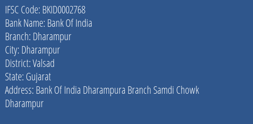Bank Of India Dharampur Branch, Branch Code 002768 & IFSC Code BKID0002768