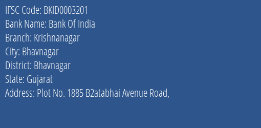 Bank Of India Krishnanagar Branch Bhavnagar IFSC Code BKID0003201