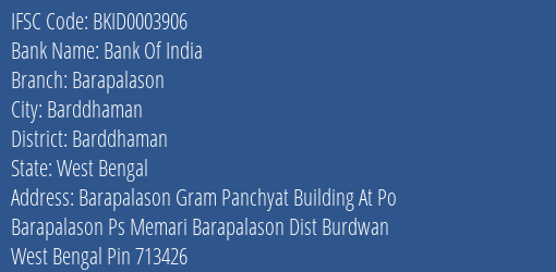 Bank Of India Barapalason Branch Barddhaman IFSC Code BKID0003906