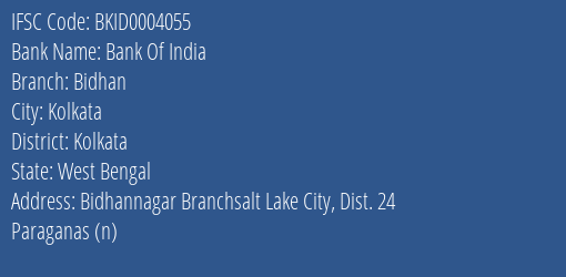 Bank Of India Bidhan Branch, Branch Code 004055 & IFSC Code Bkid0004055