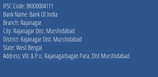 Bank Of India Rajanagar Branch Rajanagar Dist. Murshidabad IFSC Code BKID0004111