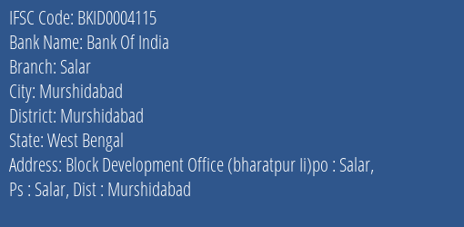 Bank Of India Salar Branch Murshidabad IFSC Code BKID0004115