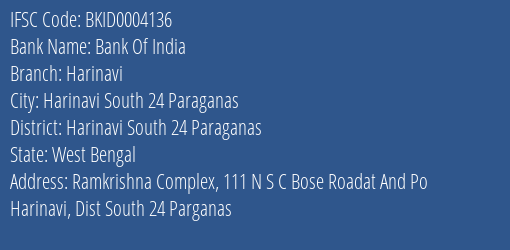 Bank Of India Harinavi Branch Harinavi South 24 Paraganas IFSC Code BKID0004136