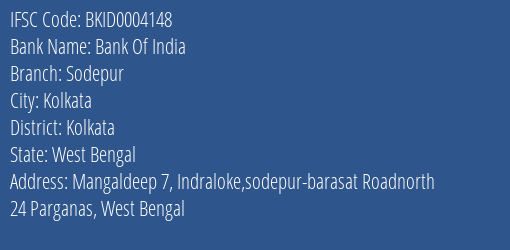 Bank Of India Sodepur Branch Kolkata IFSC Code BKID0004148