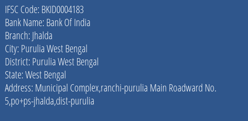 Bank Of India Jhalda Branch Purulia West Bengal IFSC Code BKID0004183