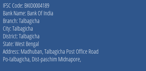 Bank Of India Talbagicha Branch Talbagicha IFSC Code BKID0004189