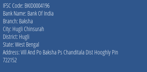 Bank Of India Baksha Branch, Branch Code 004196 & IFSC Code BKID0004196