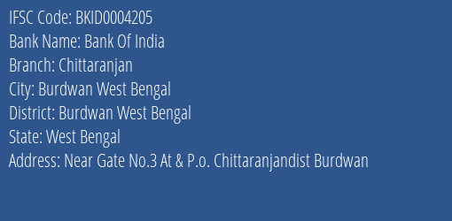 Bank Of India Chittaranjan Branch Burdwan West Bengal IFSC Code BKID0004205