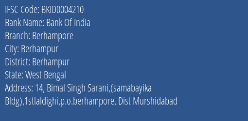 Bank Of India Berhampore Branch Berhampur IFSC Code BKID0004210