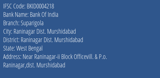 Bank Of India Suparigola Branch Raninagar Dist. Murshidabad IFSC Code BKID0004218