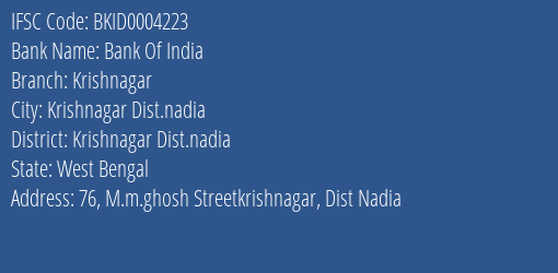 Bank Of India Krishnagar Branch Krishnagar Dist.nadia IFSC Code BKID0004223
