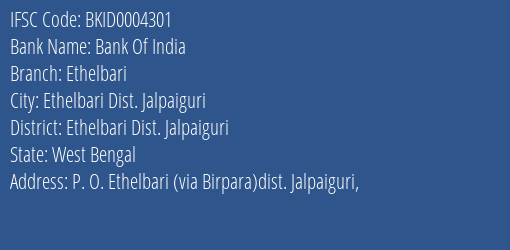 Bank Of India Ethelbari Branch, Branch Code 004301 & IFSC Code Bkid0004301