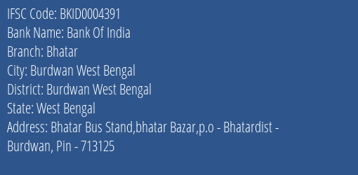 Bank Of India Bhatar Branch Burdwan West Bengal IFSC Code BKID0004391