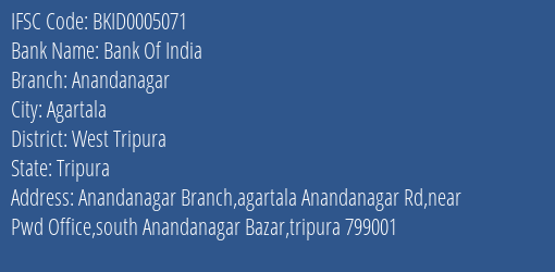Bank Of India Anandanagar Branch, Branch Code 005071 & IFSC Code BKID0005071