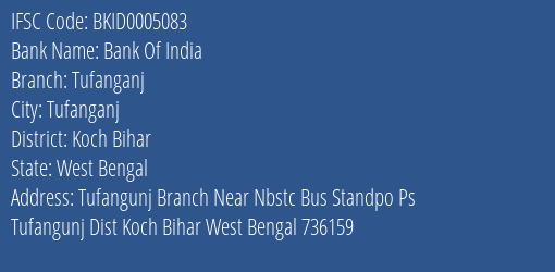 Bank Of India Tufanganj Branch Koch Bihar IFSC Code BKID0005083