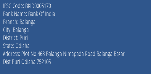 Bank Of India Balanga Branch Puri IFSC Code BKID0005170