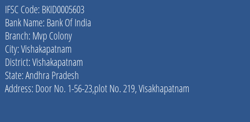 Bank Of India Mvp Colony Branch Vishakapatnam IFSC Code BKID0005603