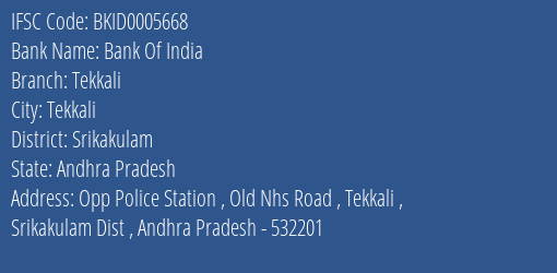 Bank Of India Tekkali Branch Srikakulam IFSC Code BKID0005668