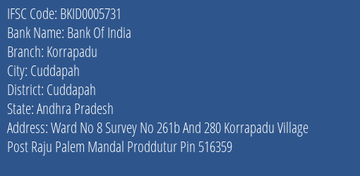 Bank Of India Korrapadu Branch, Branch Code 005731 & IFSC Code BKID0005731