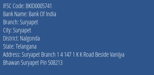 Bank Of India Suryapet Branch Nalgonda IFSC Code BKID0005741