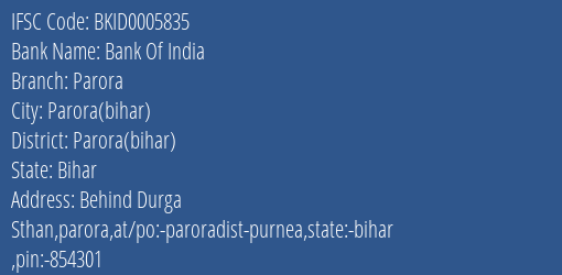 Bank Of India Parora Branch Parora Bihar IFSC Code BKID0005835