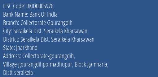 Bank Of India Collectorate Gourangdih Branch Seraikela Dist. Seraikela Kharsawan IFSC Code BKID0005976