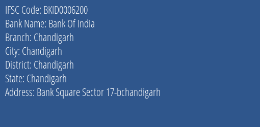 Bank Of India Chandigarh Branch Chandigarh IFSC Code BKID0006200