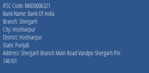 Bank Of India Shergarh Branch, Branch Code 006321 & IFSC Code BKID0006321