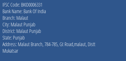 Bank Of India Malaut Branch Malaut Punjab IFSC Code BKID0006331
