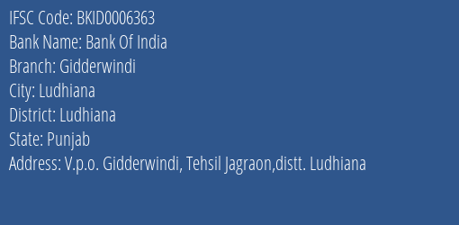 Bank Of India Gidderwindi Branch IFSC Code
