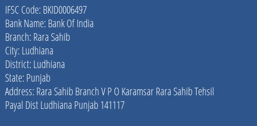Bank Of India Rara Sahib Branch, Branch Code 006497 & IFSC Code BKID0006497