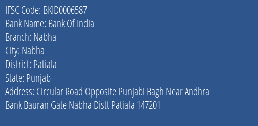 Bank Of India Nabha Branch Patiala IFSC Code BKID0006587