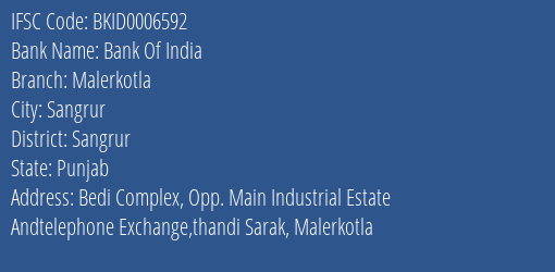 Bank Of India Malerkotla Branch Sangrur IFSC Code BKID0006592