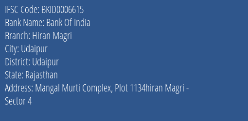 Bank Of India Hiran Magri Branch Udaipur IFSC Code BKID0006615