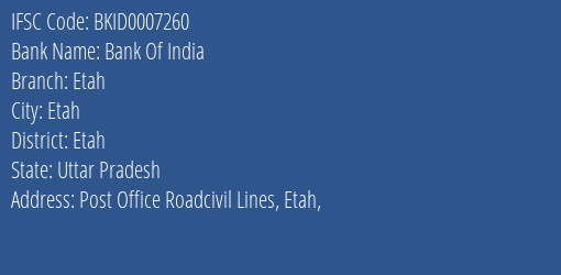 Bank Of India Etah Branch Etah IFSC Code BKID0007260