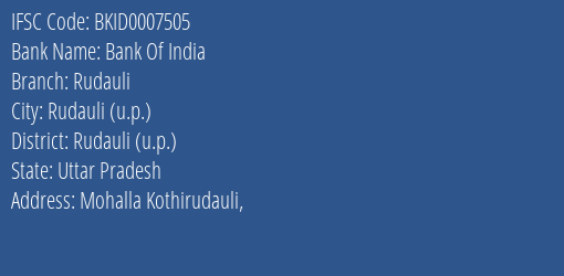 Bank Of India Rudauli Branch IFSC Code