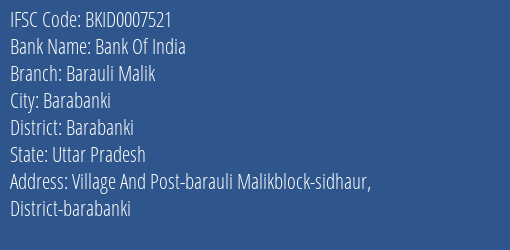 Bank Of India Barauli Malik Branch, Branch Code 007521 & IFSC Code Bkid0007521