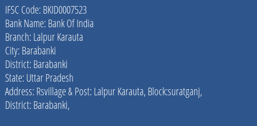 Bank Of India Lalpur Karauta Branch, Branch Code 007523 & IFSC Code Bkid0007523