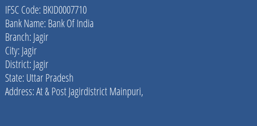 Bank Of India Jagir Branch Jagir IFSC Code BKID0007710