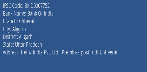 Bank Of India Chherat Branch Aligarh IFSC Code BKID0007752