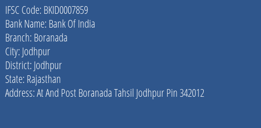 Bank Of India Boranada Branch Jodhpur IFSC Code BKID0007859