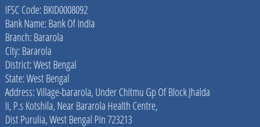 Bank Of India Bararola Branch, Branch Code 008092 & IFSC Code Bkid0008092