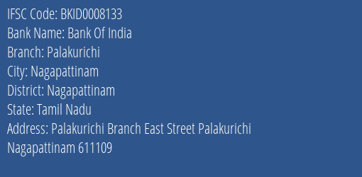 Bank Of India Palakurichi Branch, Branch Code 008133 & IFSC Code BKID0008133