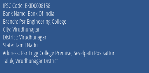 Bank Of India Psr Engineering College Branch Virudhunagar IFSC Code BKID0008158