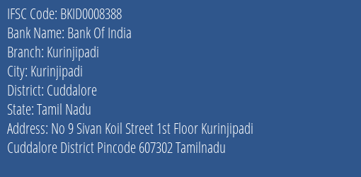 Bank Of India Kurinjipadi Branch Cuddalore IFSC Code BKID0008388