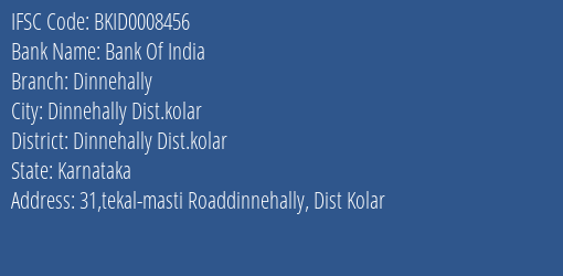 Bank Of India Dinnehally Branch Dinnehally Dist.kolar IFSC Code BKID0008456