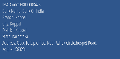 Bank Of India Koppal Branch Koppal IFSC Code BKID0008475