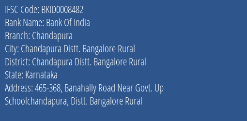 Bank Of India Chandapura Branch Chandapura Distt. Bangalore Rural IFSC Code BKID0008482