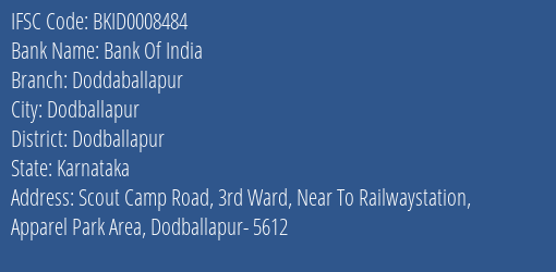 Bank Of India Doddaballapur Branch Dodballapur IFSC Code BKID0008484